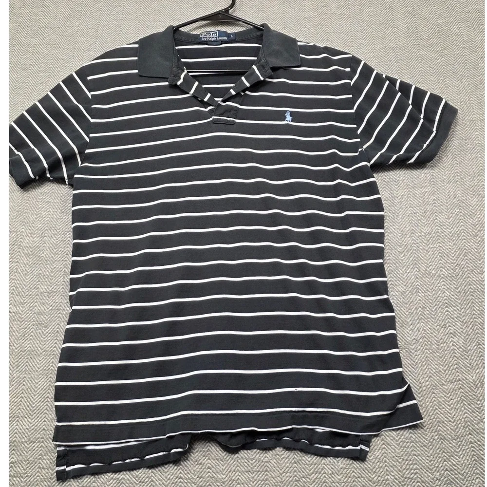 Polo Ralph Lauren Mens Striped Polo Shirt Navy Blue White Size L Short Sleeve
